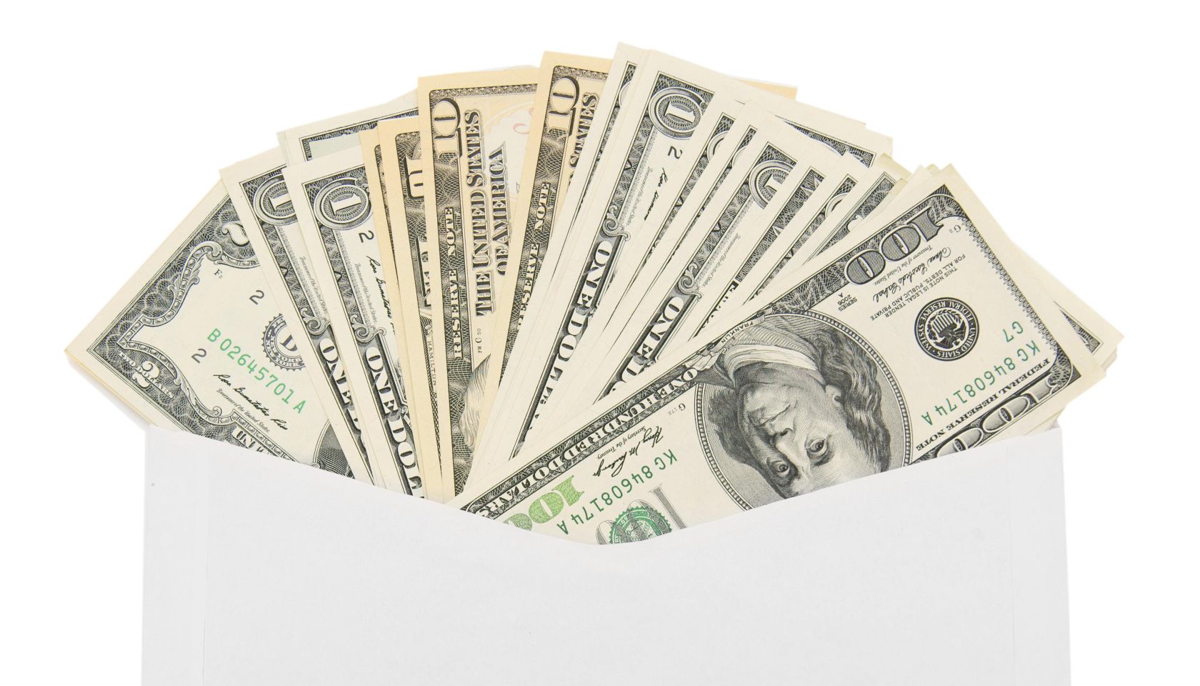 Money in an envelope. On a white background.