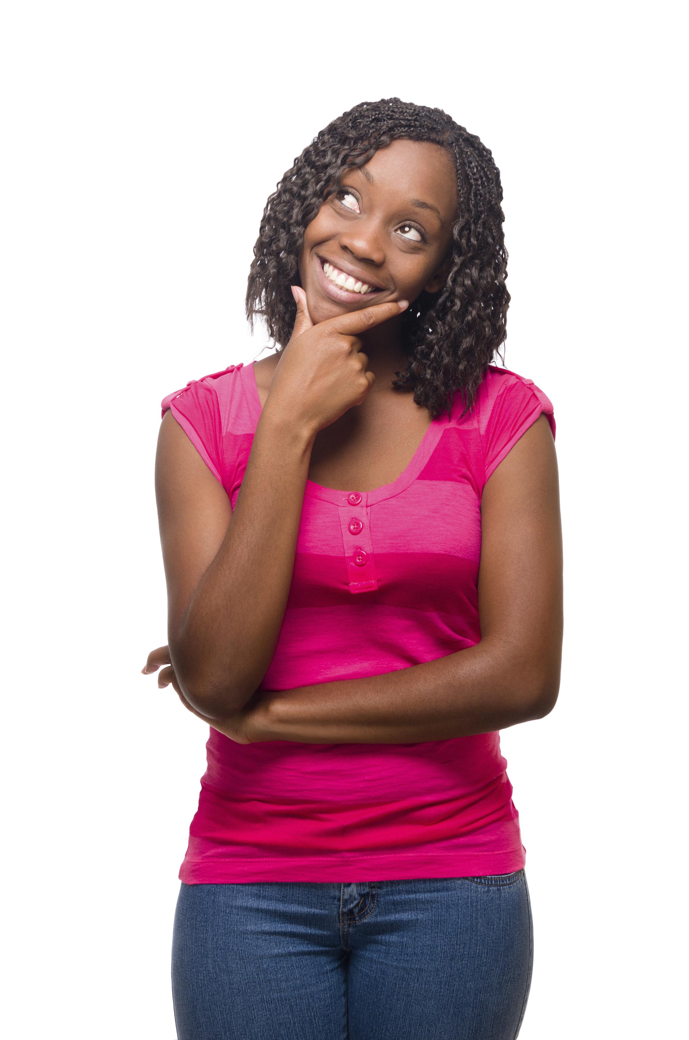 Happy woman thinking