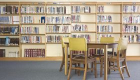 Table and chairs in library