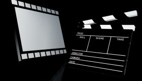 Clapper board and film, 3d illustration. Cinema concept.