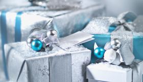 Christmas gifts with silver ribbon