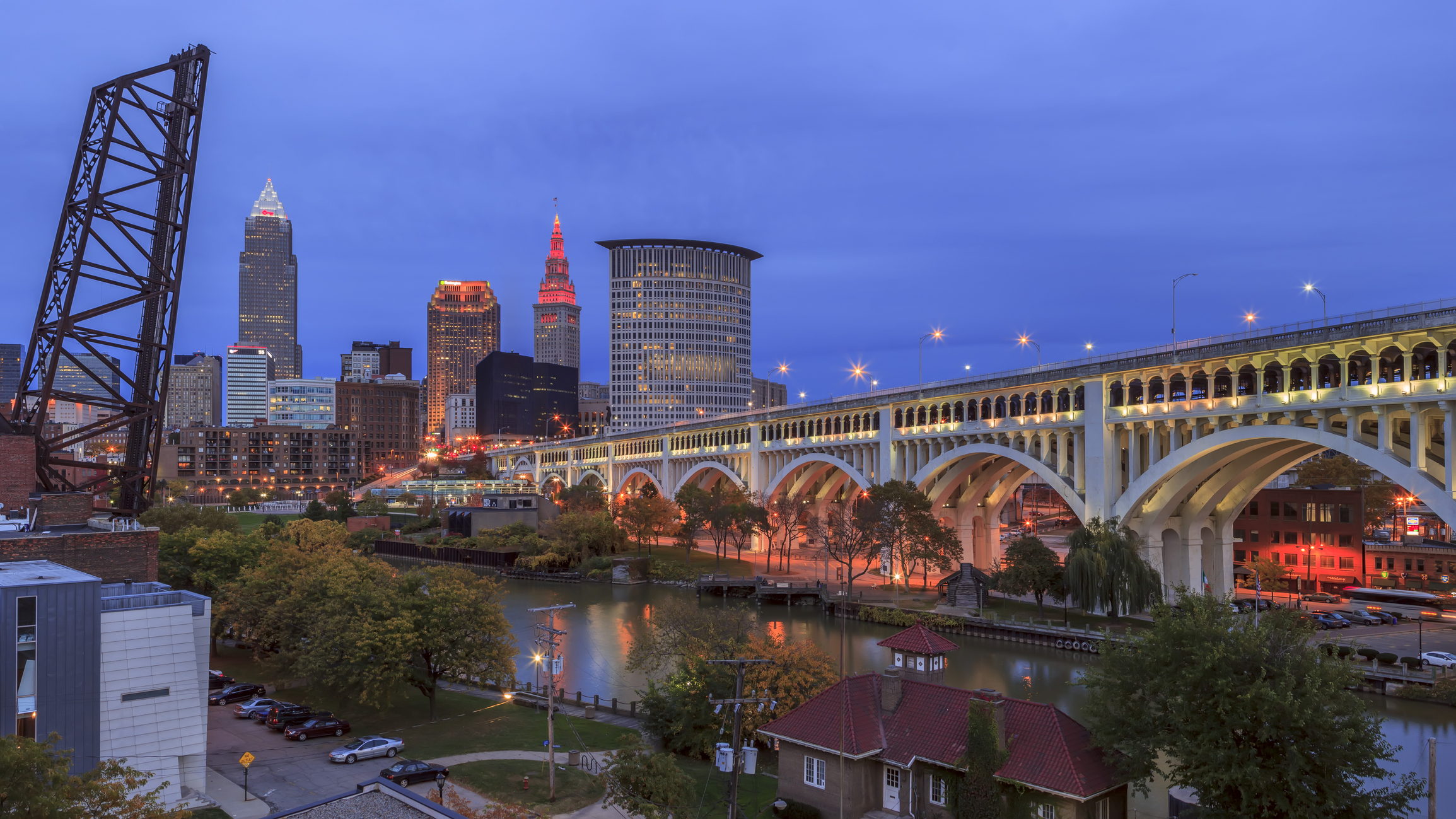 Cleveland Skyline View with Veterans Memorial Bridge in the evening lights.