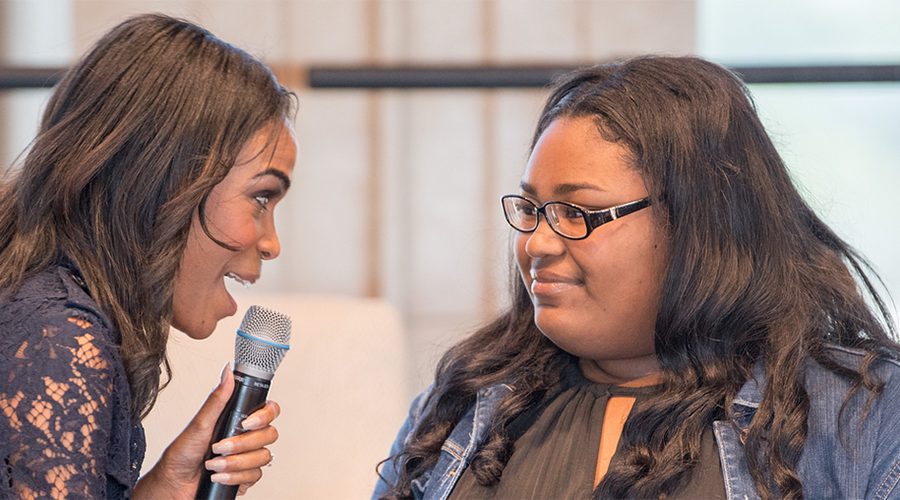  Michelle Williams offers wisdom and encouragement to young girls at Notre Dame Thursday, May 24, 2018 (Photo Credit: Barbara Johnston/Shalon Davis 