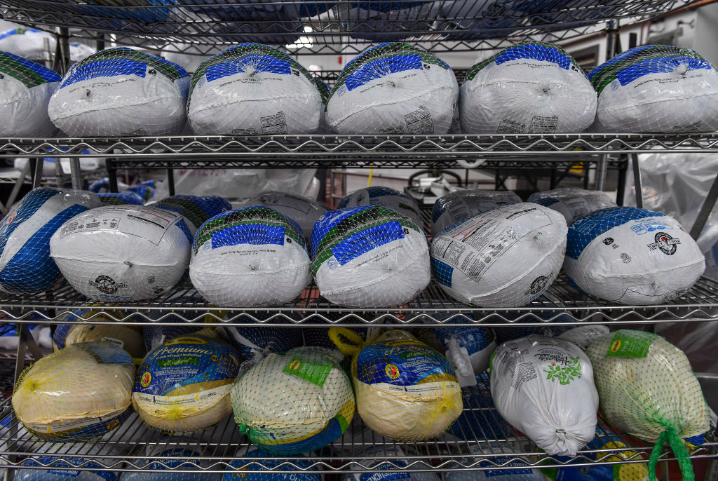 HAGERSTOWN, MD - NOVEMBER 18: A rack of turkeys waiting to be d