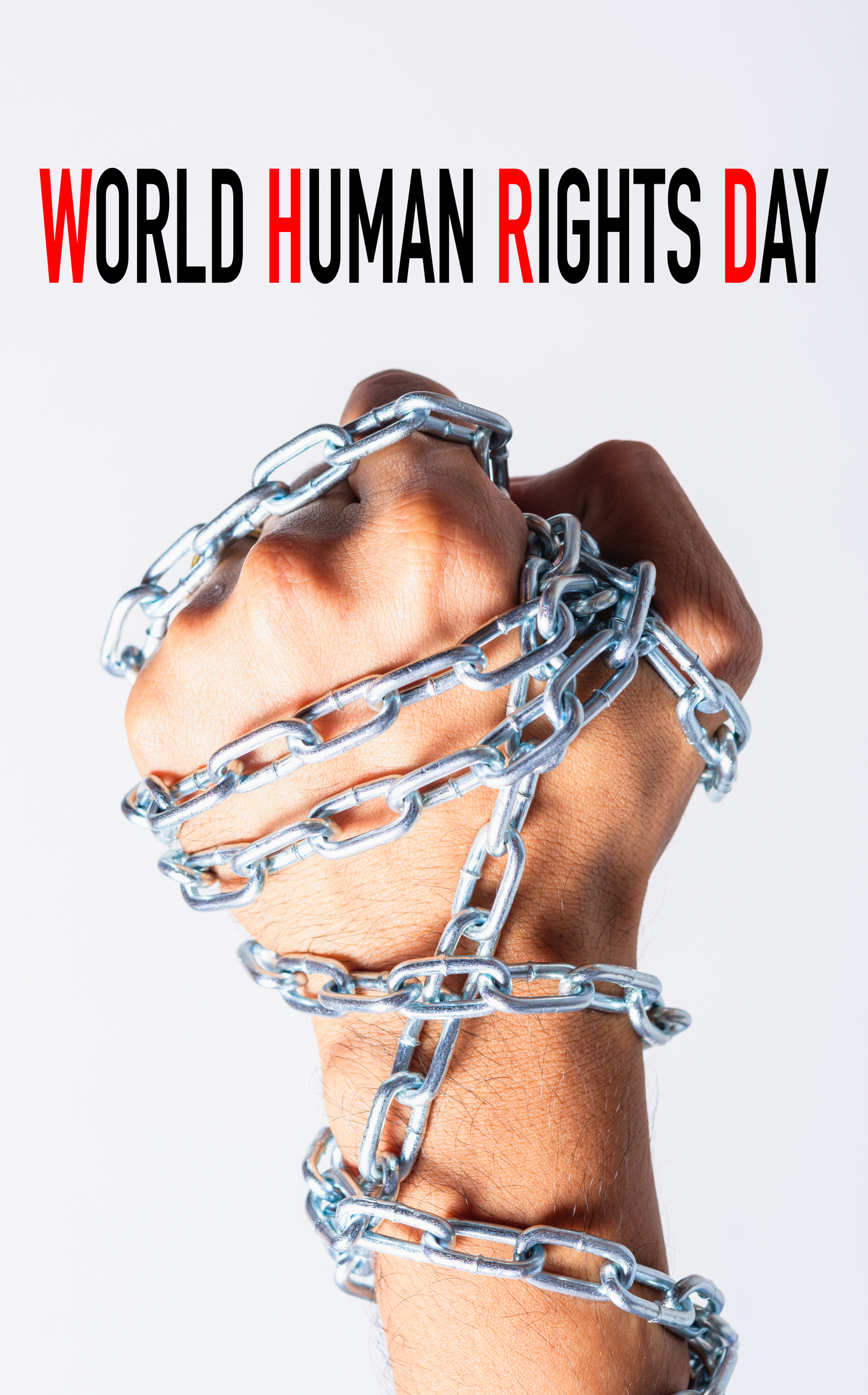 Cropped Hand Of Man Wrapped In Chain With World Human Rights Day Text Against White Background
