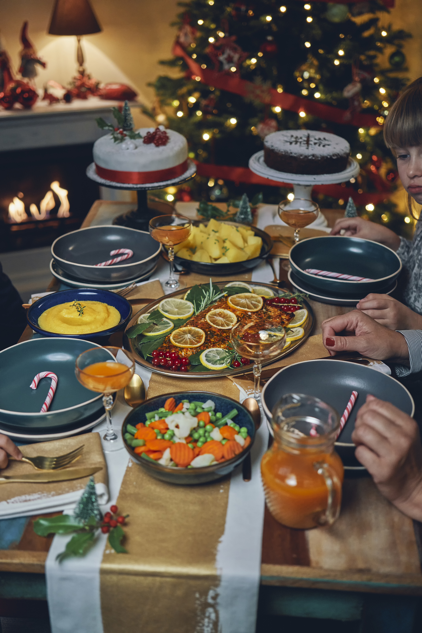 Christmas Dinner with Salmon Fish Fillet, Vegetables, Polenta and Christmas Cake