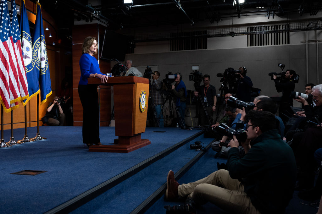 Nancy Pelosi Weekly Press Conference in speaks during her weekly press conference at HVC Studio A in Washington, DC, US