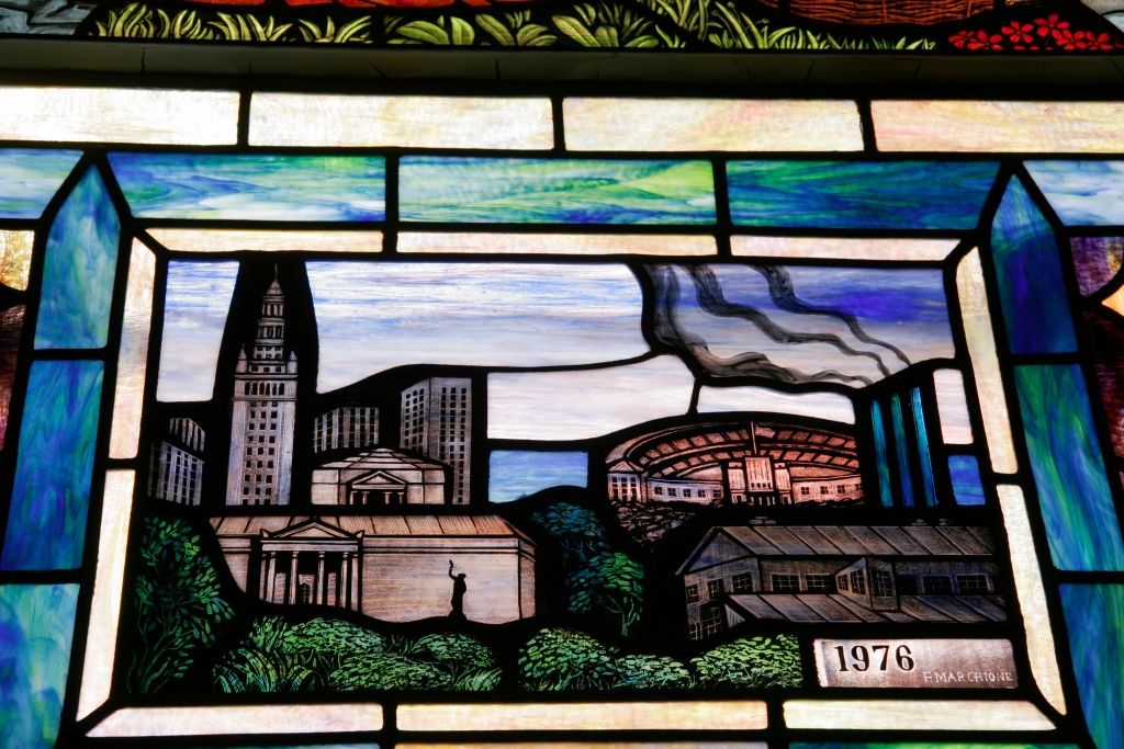 A stained glass window in The Old Stone Church.