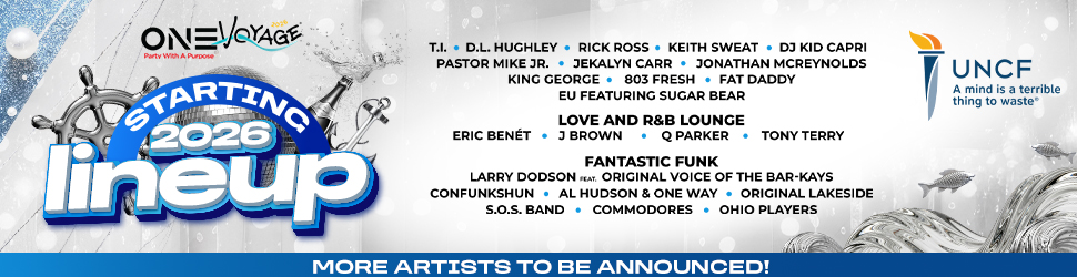 One Voyage music festival poster featuring lineup of artists starting in 2026 including T.I., D.L. Hughley, Rick Ross, Keith Sweat, DJ Kid Capri, and more.