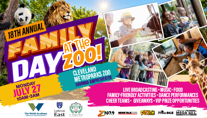 18th Annual Family Day at the Cleveland Metroparks Zoo, featuring live broadcasting, music, food, family-friendly activities, and a lion.
