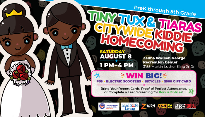 Colorful cartoon characters of a boy and girl in formal attire, with text advertising a "Tiny Tux & Tiaras Citywide Kiddie Homecoming" event on August 8.